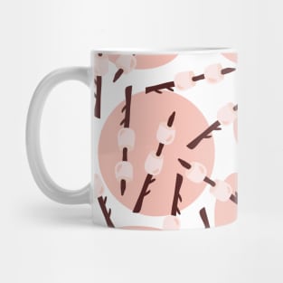 Marshmallows on a stick on a white background with coral dots. Mug
